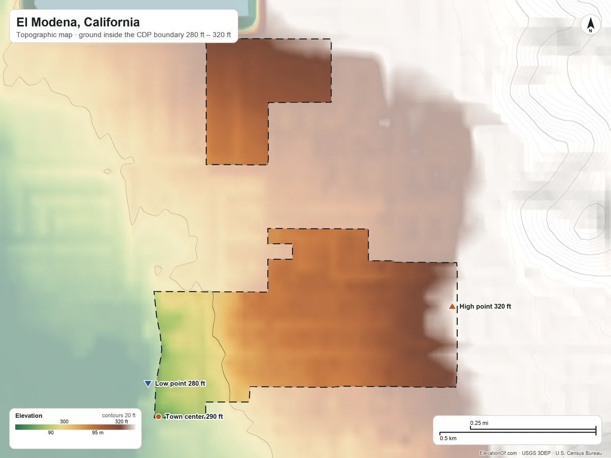 Topographic elevation map of El Modena, California, shaded from 280 ft near the middle to 320 ft at the foot of the Peralta Hills