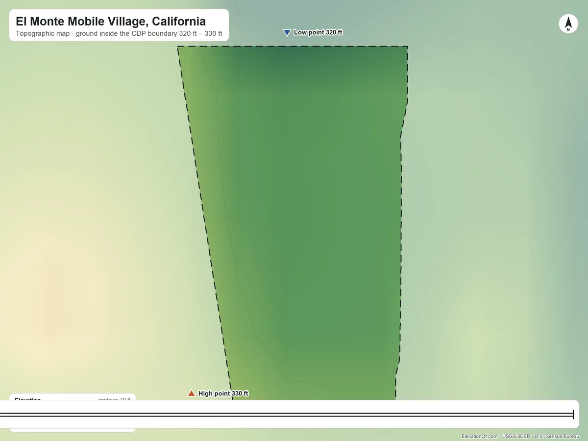 Topographic elevation map of El Monte Mobile Village, California, shaded from 320 ft on the north side to 330 ft on the southwest side