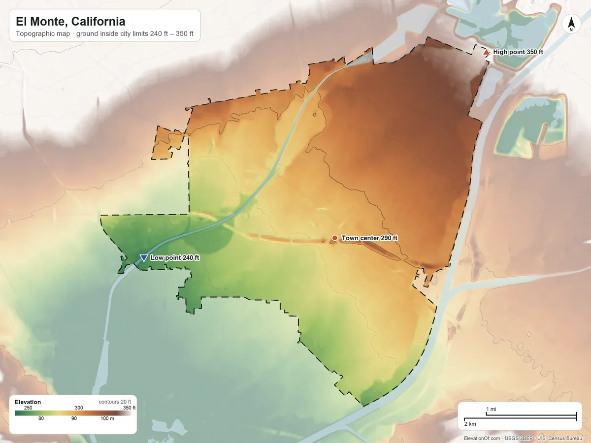 Topographic elevation map of El Monte, California, shaded from 240 ft on the west side to 350 ft on the northeast side