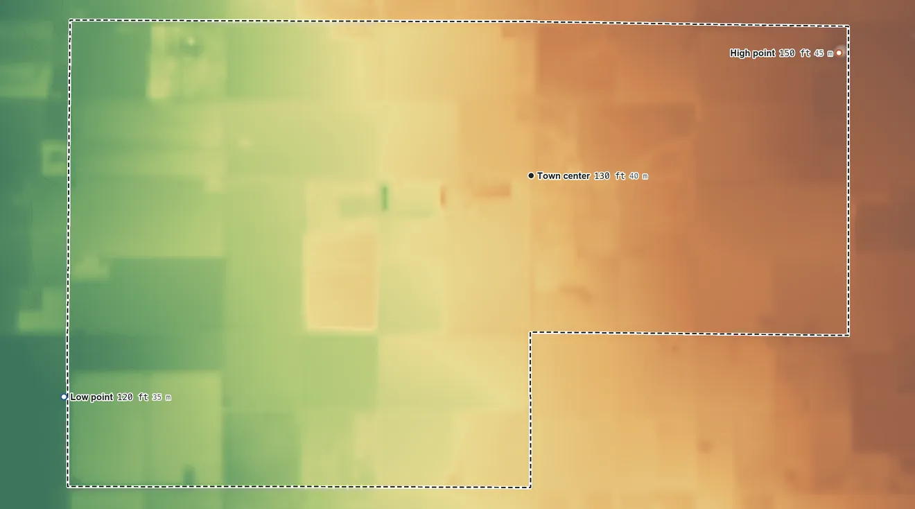 Topographic elevation map of El Nido, California, shaded from 120 ft on the southwest side to 150 ft on the east side