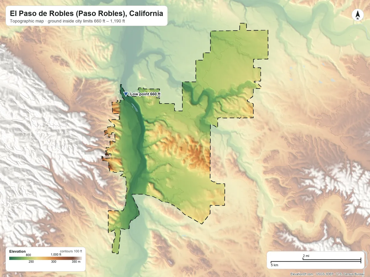 Topographic elevation map of El Paso de Robles (Paso Robles), California, shaded from 660 ft on the northwest side to 1,190 ft on the east side