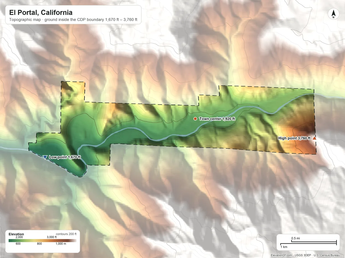 Topographic elevation map of El Portal, California, shaded from 1,670 ft on the west side to 3,760 ft at the foot of the Chowchilla Mountains