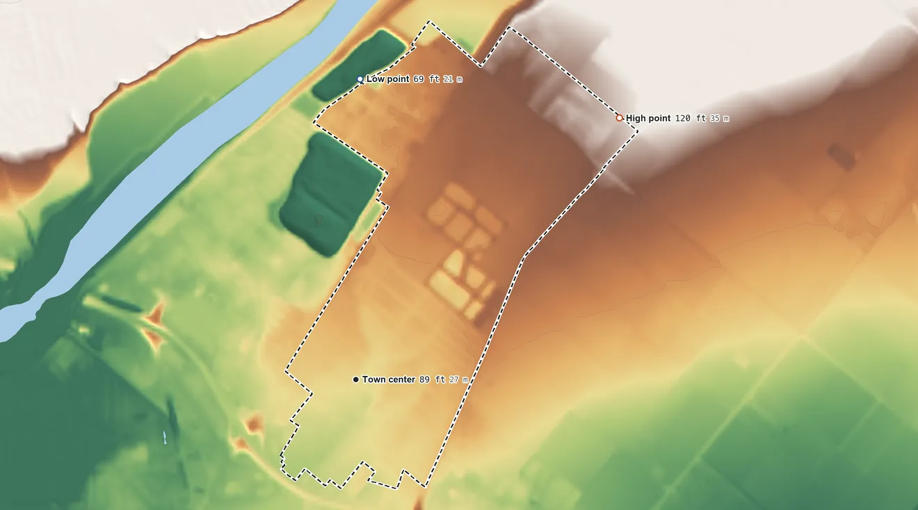 Topographic elevation map of El Rio, California, shaded from 69 ft on the north side to 120 ft on the northeast side