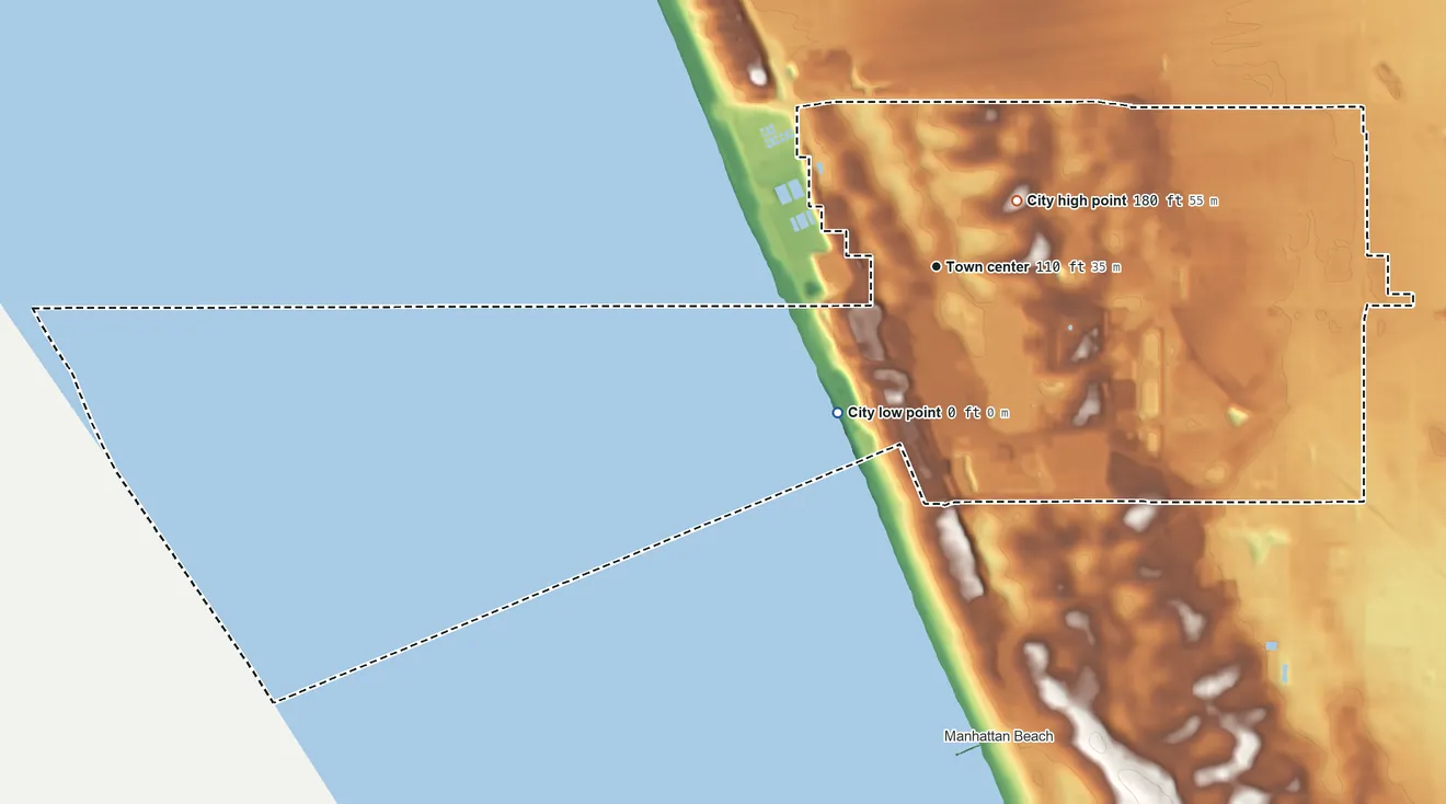 Topographic elevation map of El Segundo, California, shaded from sea level level on the Pacific Ocean to 180 ft near the middle