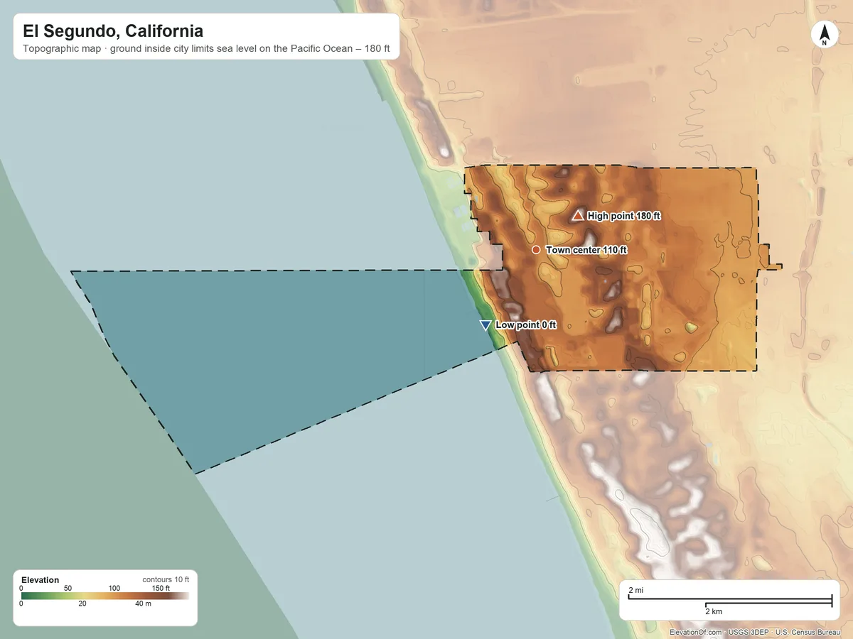 Topographic elevation map of El Segundo, California, shaded from sea level level on the Pacific Ocean to 180 ft near the middle