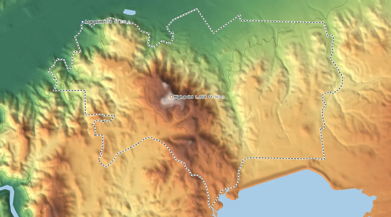 Topographic elevation map of El Sobrante, Riverside County, California, shaded from 750 ft on the northwest side to 1,860 ft on Arlington Mountain