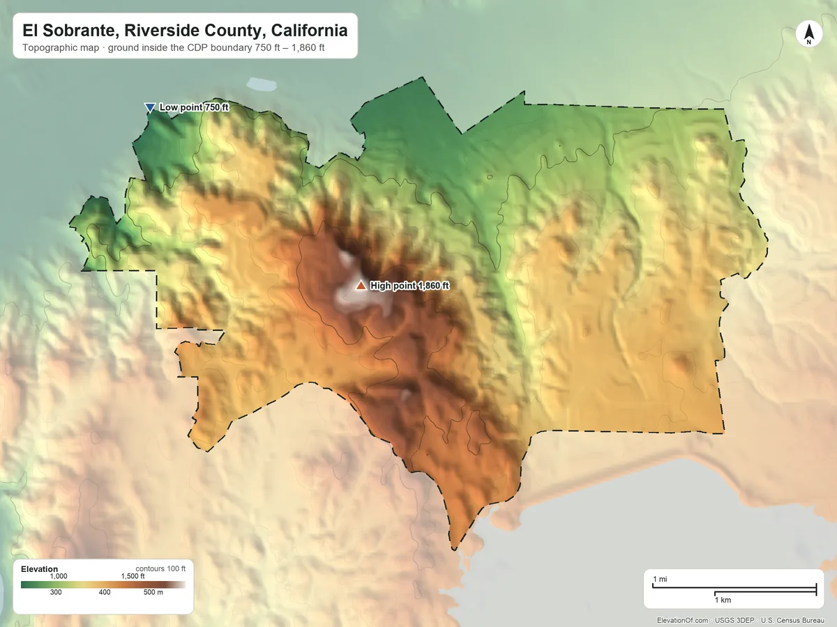 Topographic elevation map of El Sobrante, Riverside County, California, shaded from 750 ft on the northwest side to 1,860 ft on Arlington Mountain