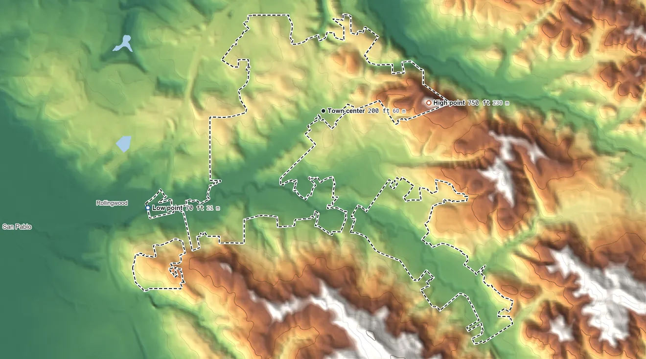 Topographic elevation map of El Sobrante, California, shaded from 70 ft on the southwest side to 750 ft on the east side