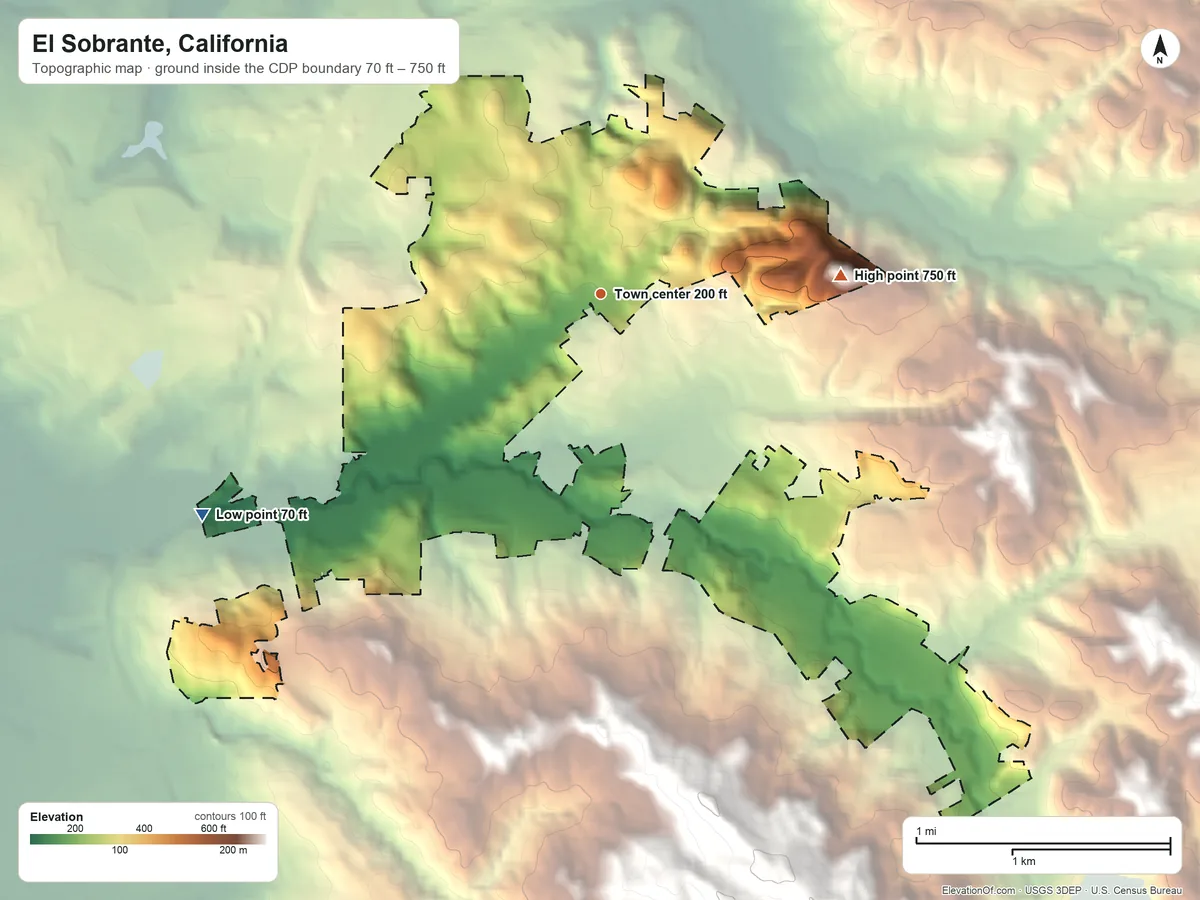 Topographic elevation map of El Sobrante, California, shaded from 70 ft on the southwest side to 750 ft on the east side