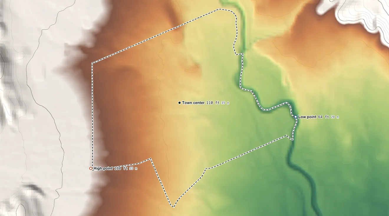 Topographic elevation map of El Verano, California, shaded from 64 ft on the east side to 180 ft at the foot of the Sonoma Mountains