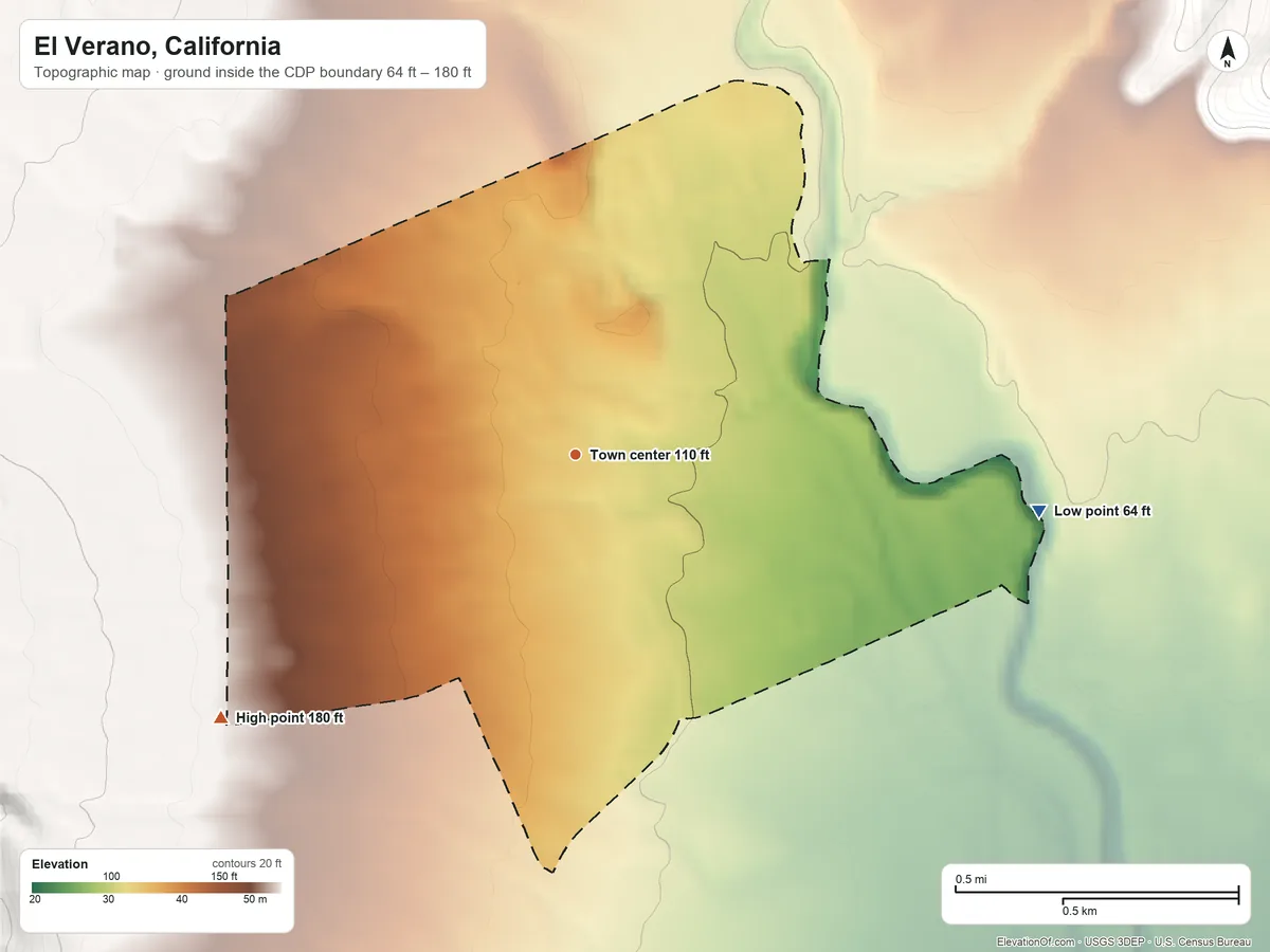 Topographic elevation map of El Verano, California, shaded from 64 ft on the east side to 180 ft at the foot of the Sonoma Mountains