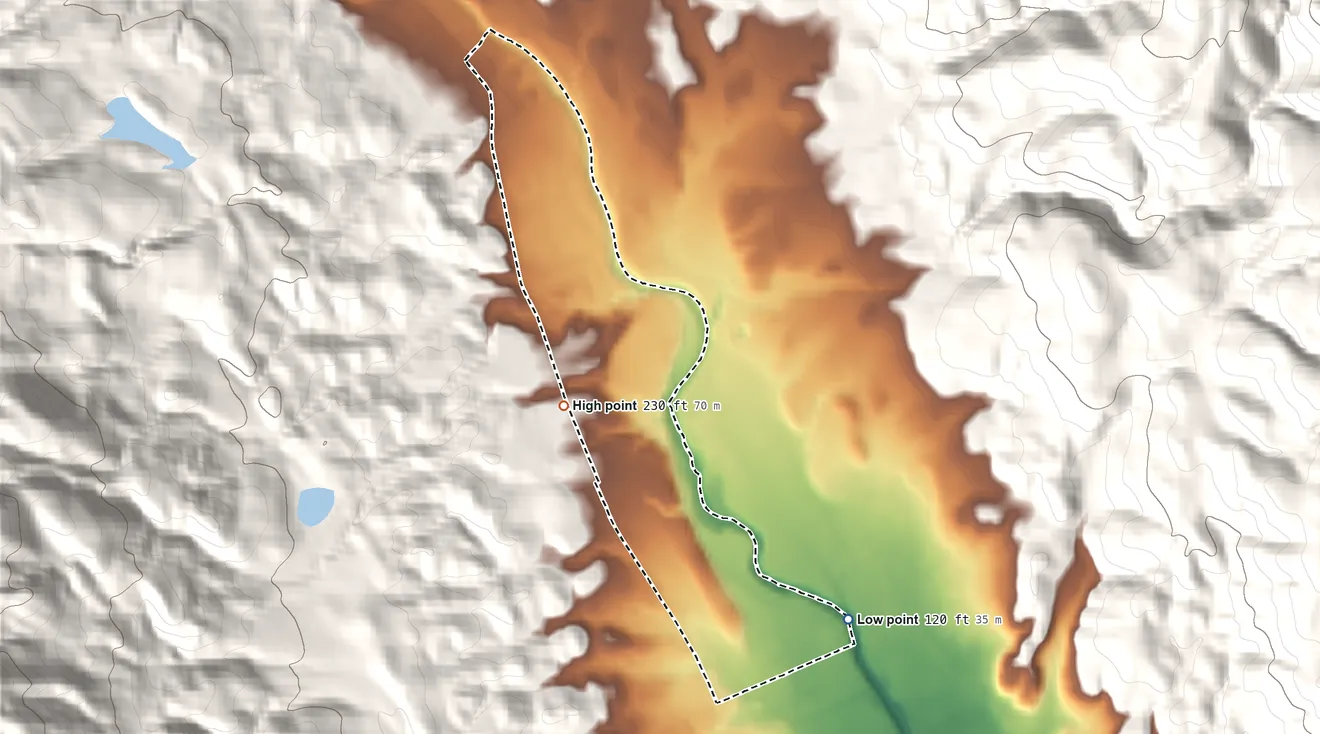 Topographic elevation map of Eldridge, California, shaded from 120 ft on the southeast side to 230 ft at the foot of the Sonoma Mountains
