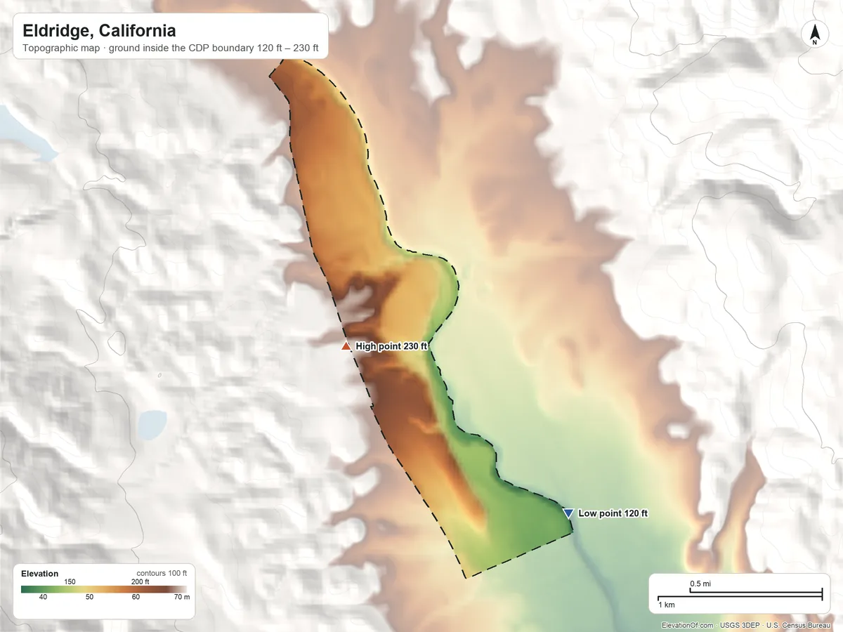 Topographic elevation map of Eldridge, California, shaded from 120 ft on the southeast side to 230 ft at the foot of the Sonoma Mountains