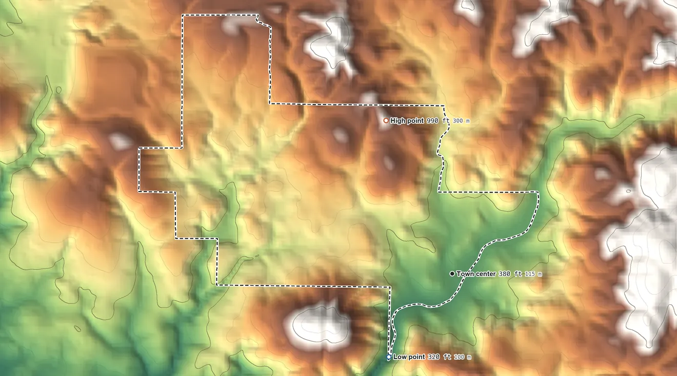 Topographic elevation map of Elfin Forest, California, shaded from 320 ft on the southwest side to 990 ft at the foot of the Buena Vista Hills