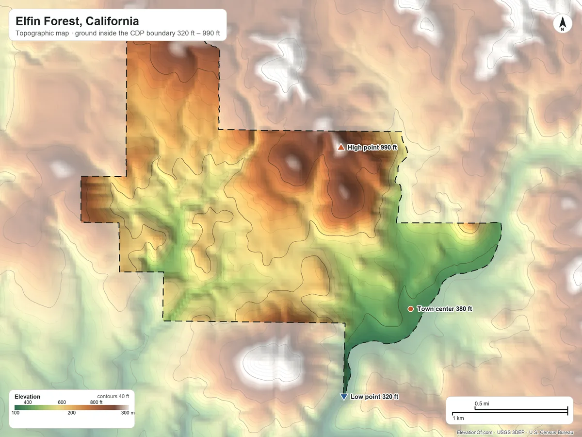 Topographic elevation map of Elfin Forest, California, shaded from 320 ft on the southwest side to 990 ft at the foot of the Buena Vista Hills