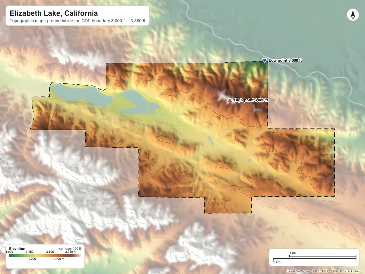 Topographic elevation map of Elizabeth Lake, California, shaded from 3,000 ft on the northeast side to 3,880 ft on the east side