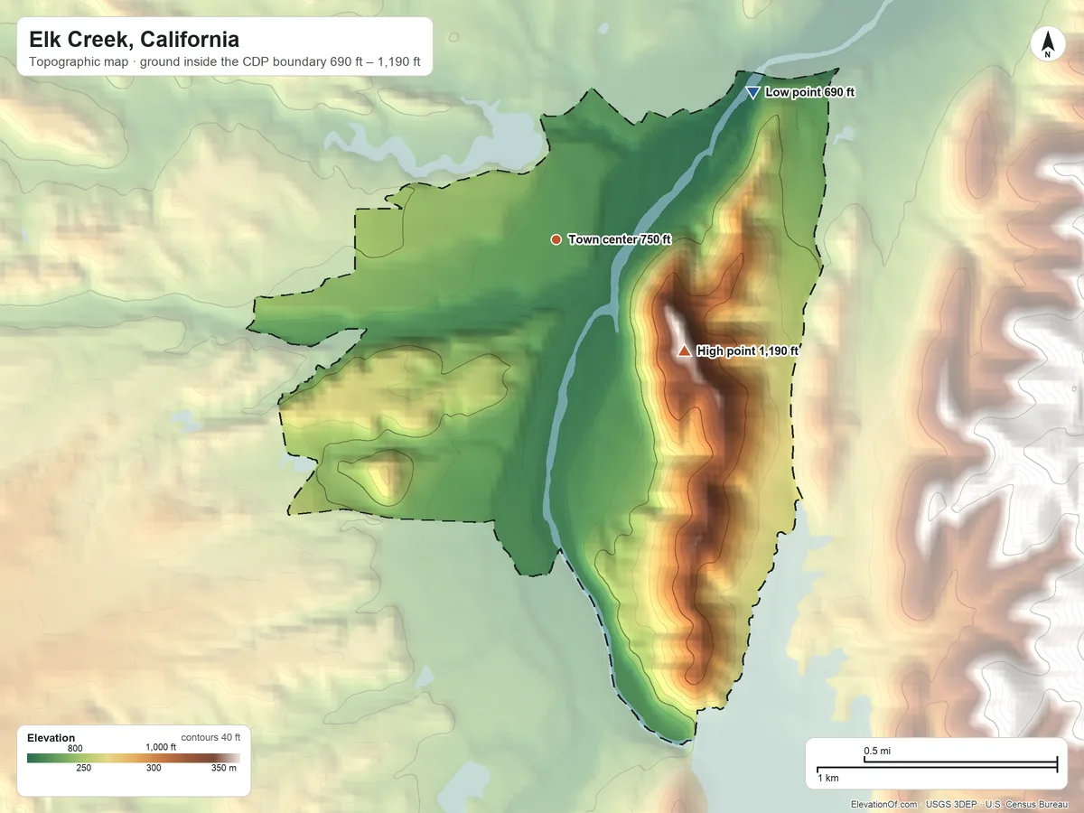 Topographic elevation map of Elk Creek, California, shaded from 690 ft on the northeast side to 1,190 ft on Elk Creek Butte