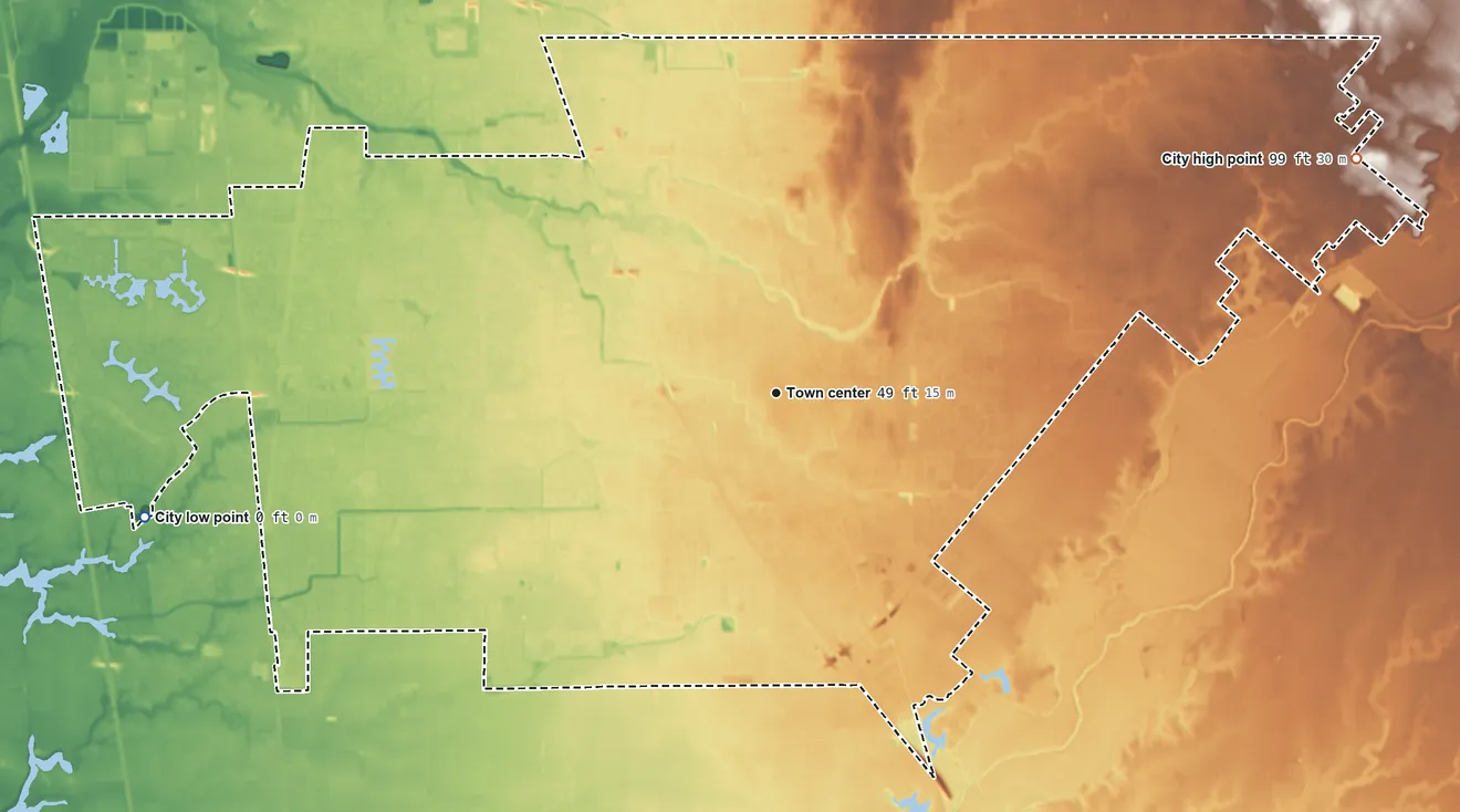 Topographic elevation map of Elk Grove, California, shaded from 0 ft on the west side to 99 ft on the east side