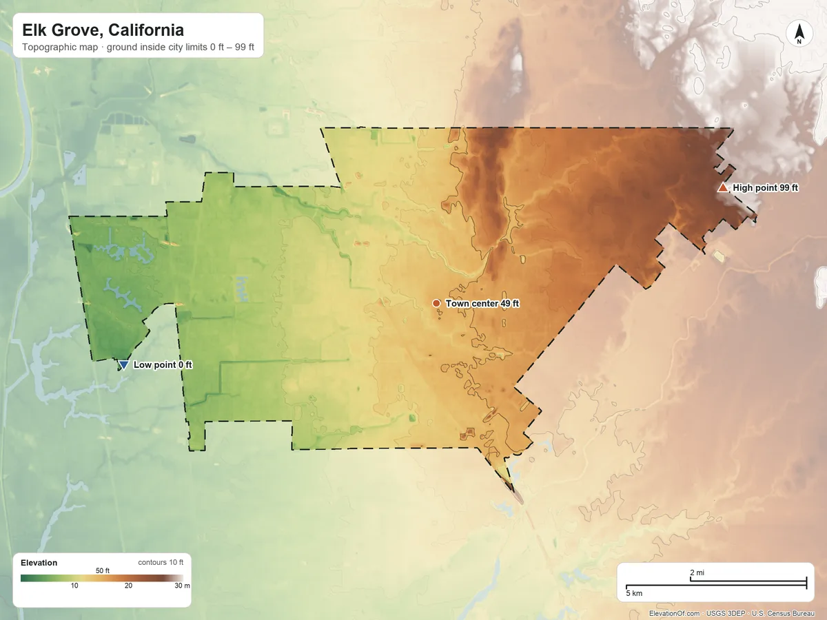 Topographic elevation map of Elk Grove, California, shaded from 0 ft on the west side to 99 ft on the east side