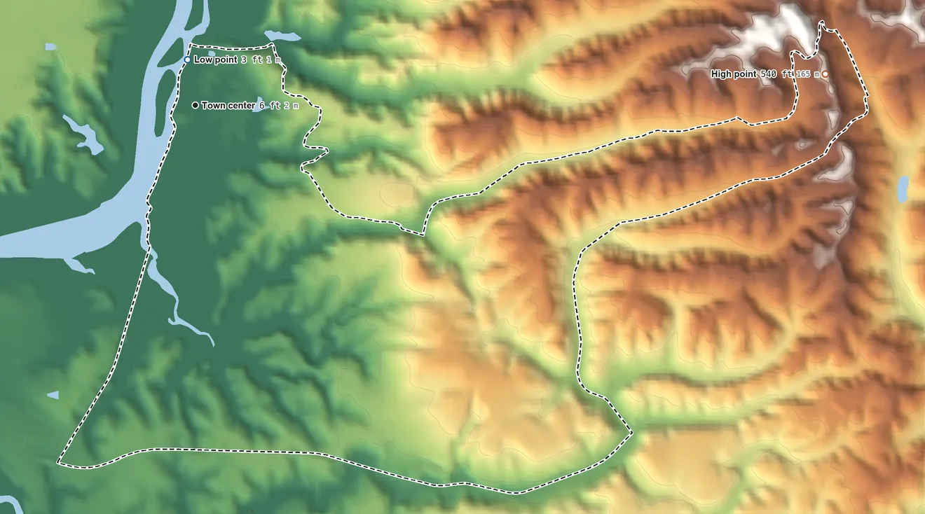 Topographic elevation map of Elkhorn, California, shaded from 3 ft near the middle to 540 ft on the east side