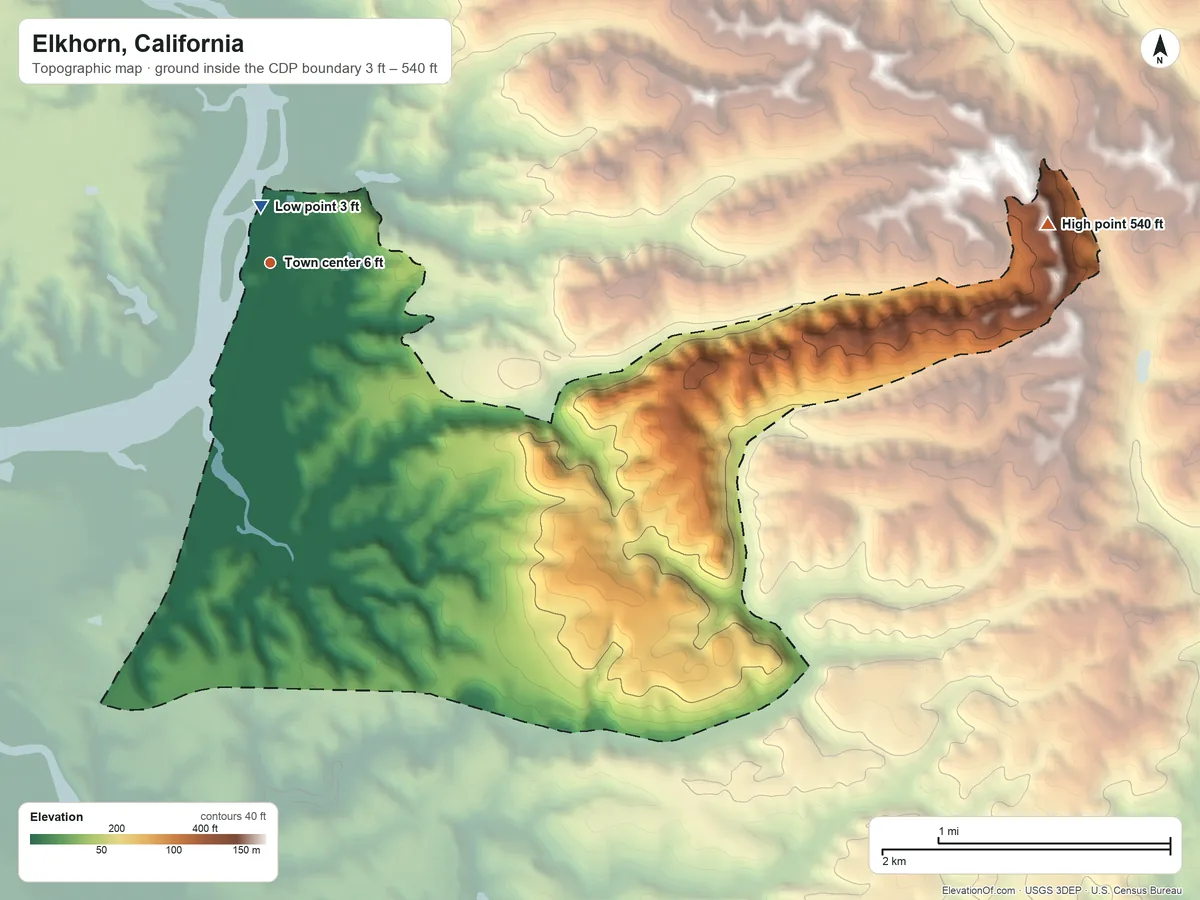 Topographic elevation map of Elkhorn, California, shaded from 3 ft near the middle to 540 ft on the east side