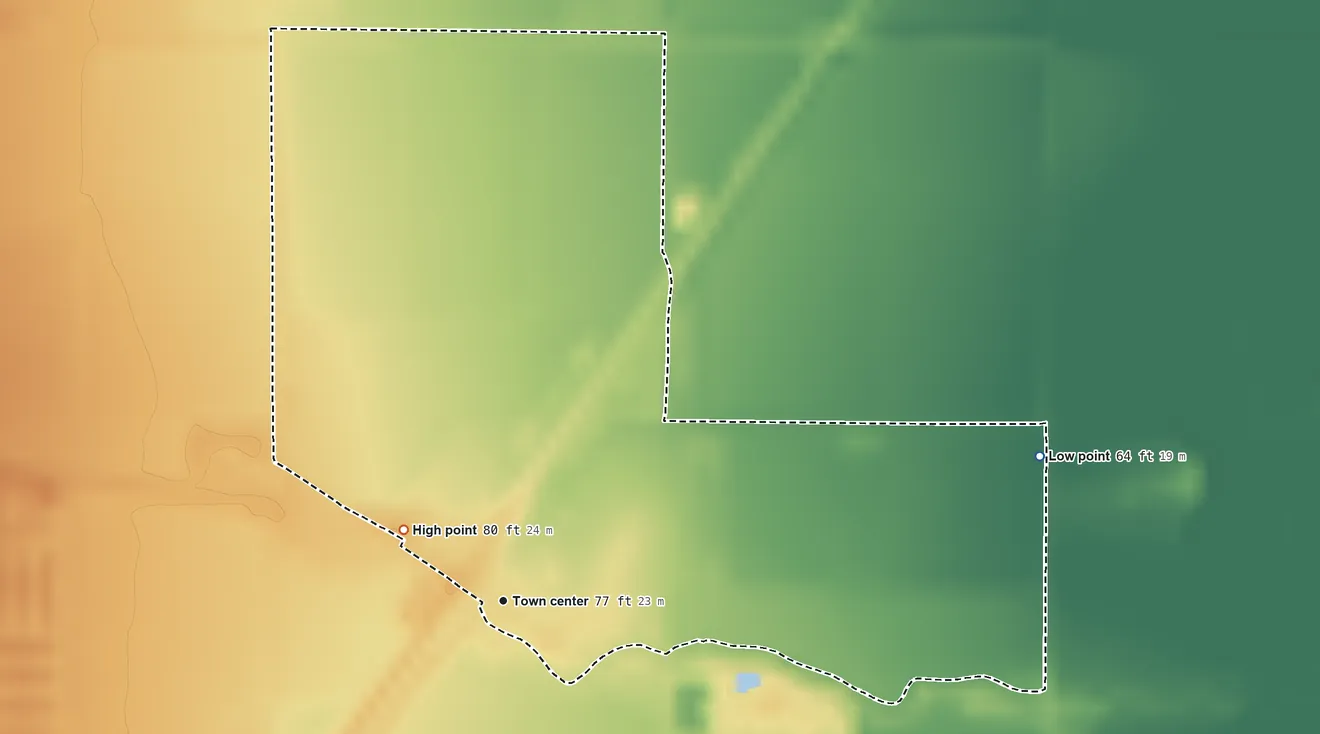 Topographic elevation map of Elmira, California, shaded from 64 ft on the east side to 80 ft on the northwest side