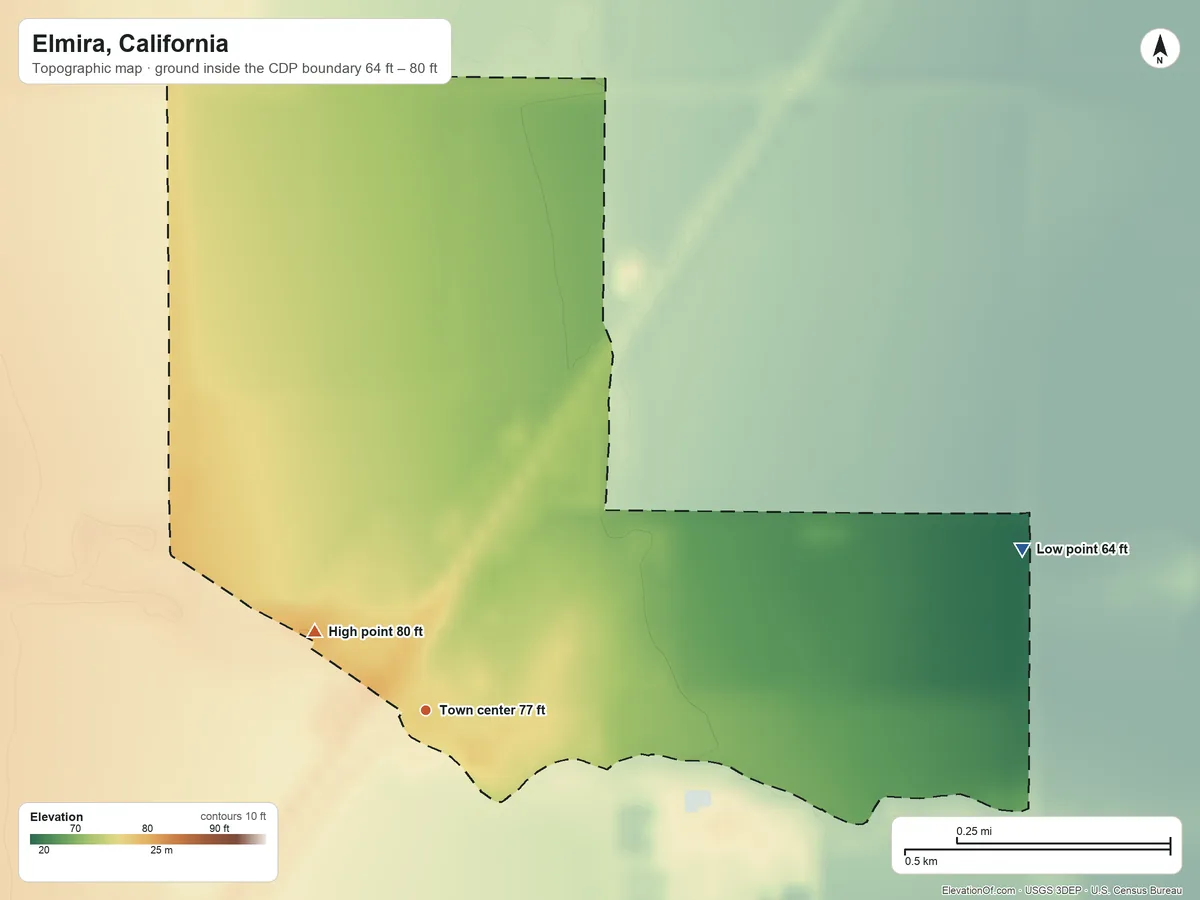 Topographic elevation map of Elmira, California, shaded from 64 ft on the east side to 80 ft on the northwest side