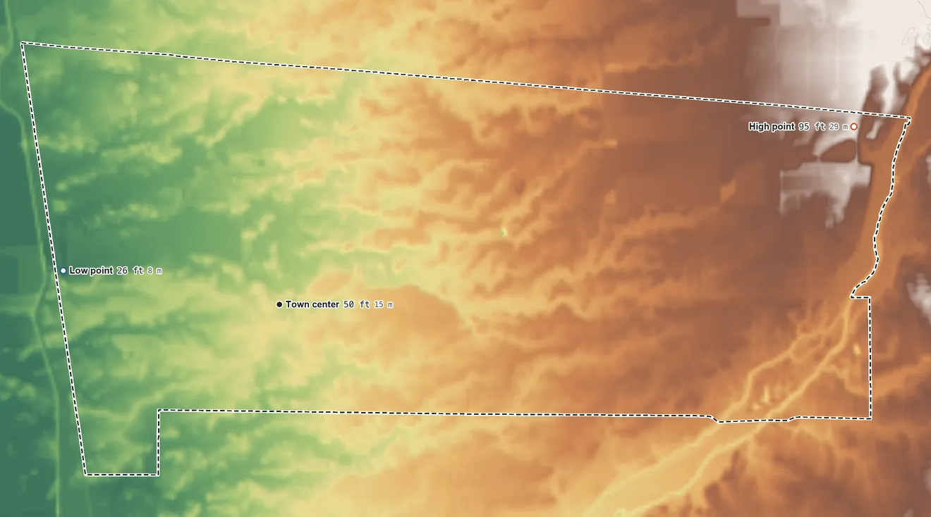 Topographic elevation map of Elverta, California, shaded from 26 ft on the west side to 95 ft on the east side
