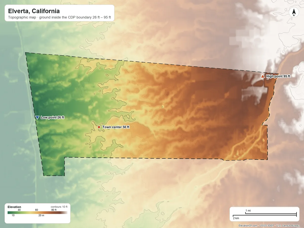 Topographic elevation map of Elverta, California, shaded from 26 ft on the west side to 95 ft on the east side