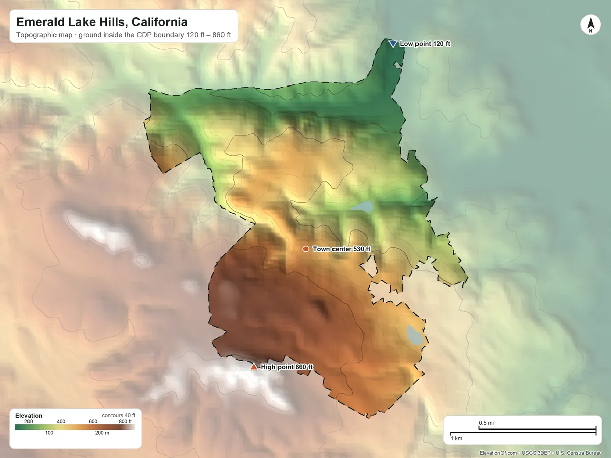 Topographic elevation map of Emerald Lake Hills, California, shaded from 120 ft on the northeast side to 860 ft on the southwest side