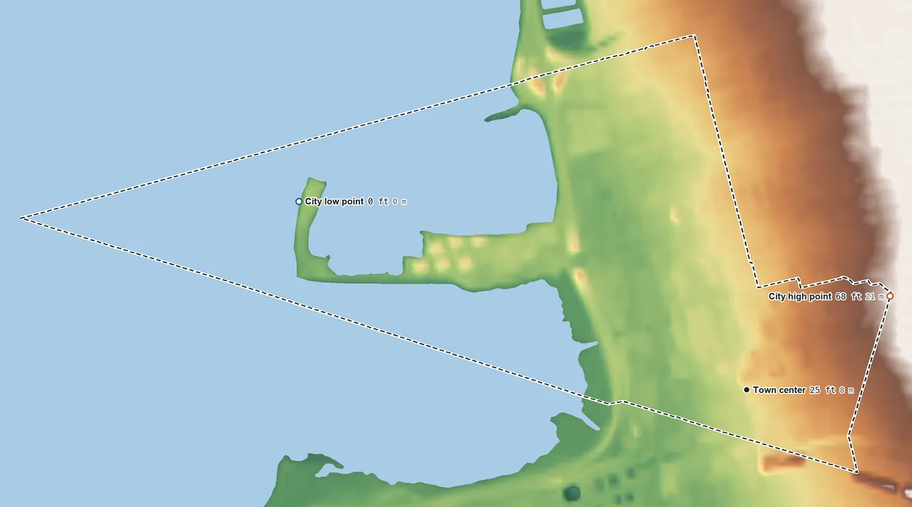 Topographic elevation map of Emeryville, California, shaded from sea level level on San Francisco Bay to 68 ft on the northeast side