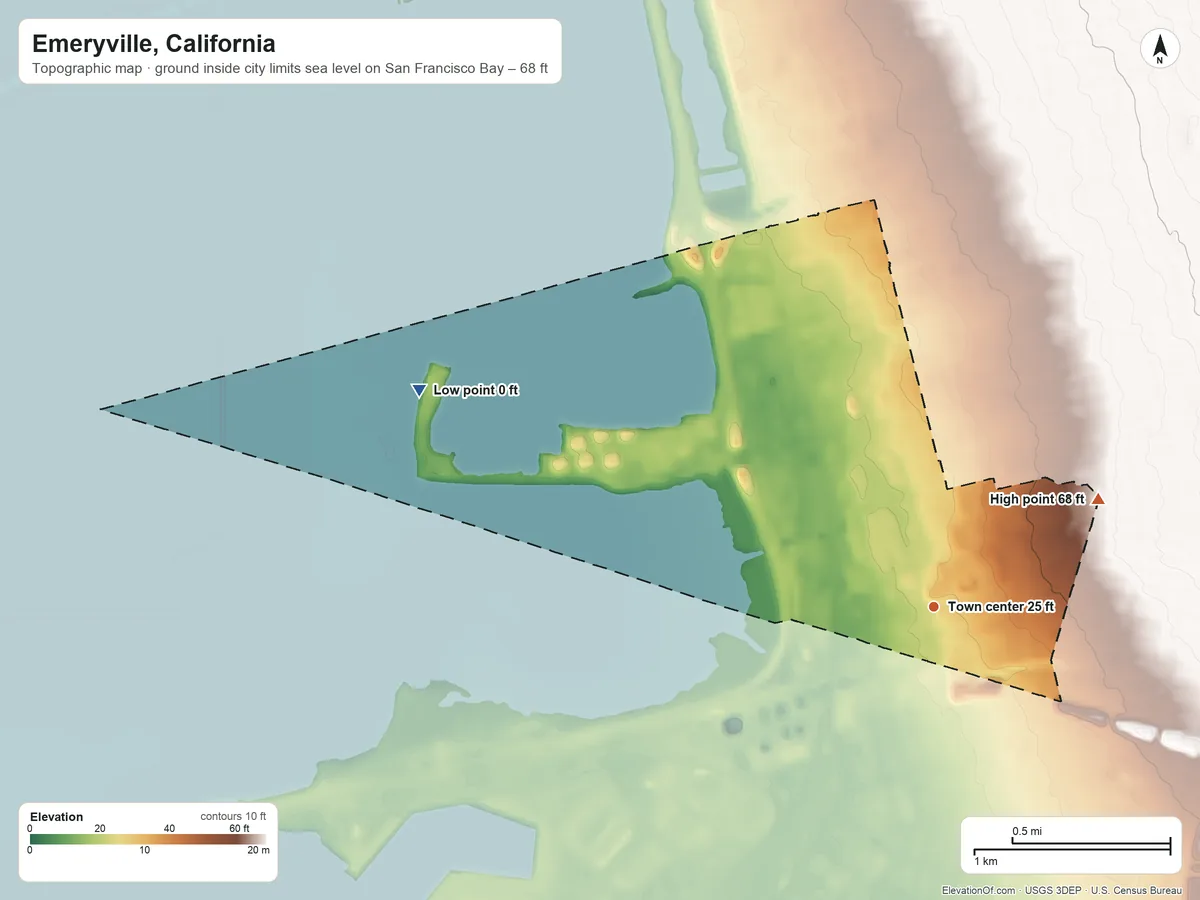 Topographic elevation map of Emeryville, California, shaded from sea level level on San Francisco Bay to 68 ft on the northeast side