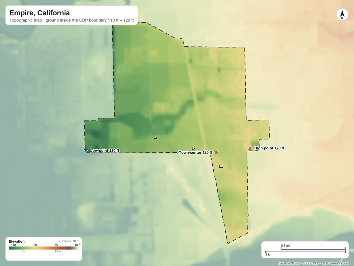 Topographic elevation map of Empire, California, shaded from 110 ft on the west side to 120 ft on the east side