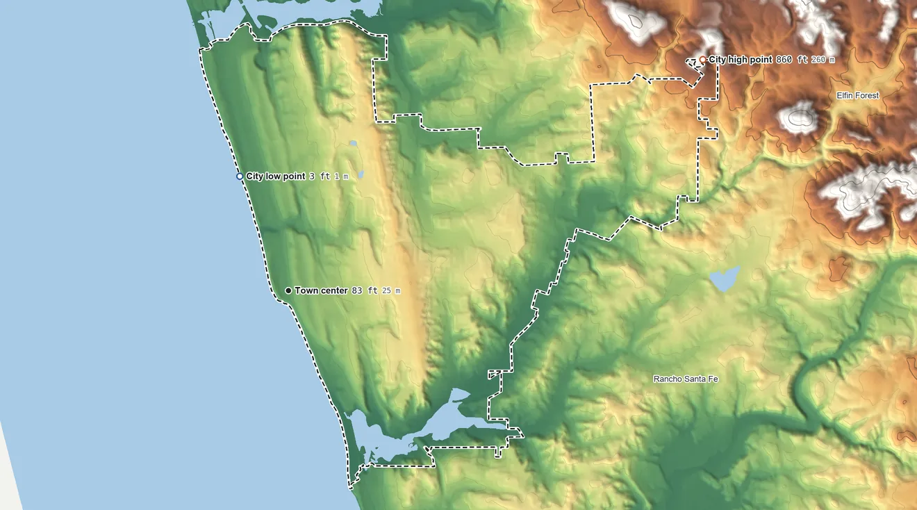 Topographic elevation map of Encinitas, California, shaded from 3 ft on the northwest side to 860 ft at the foot of the Buena Vista Hills