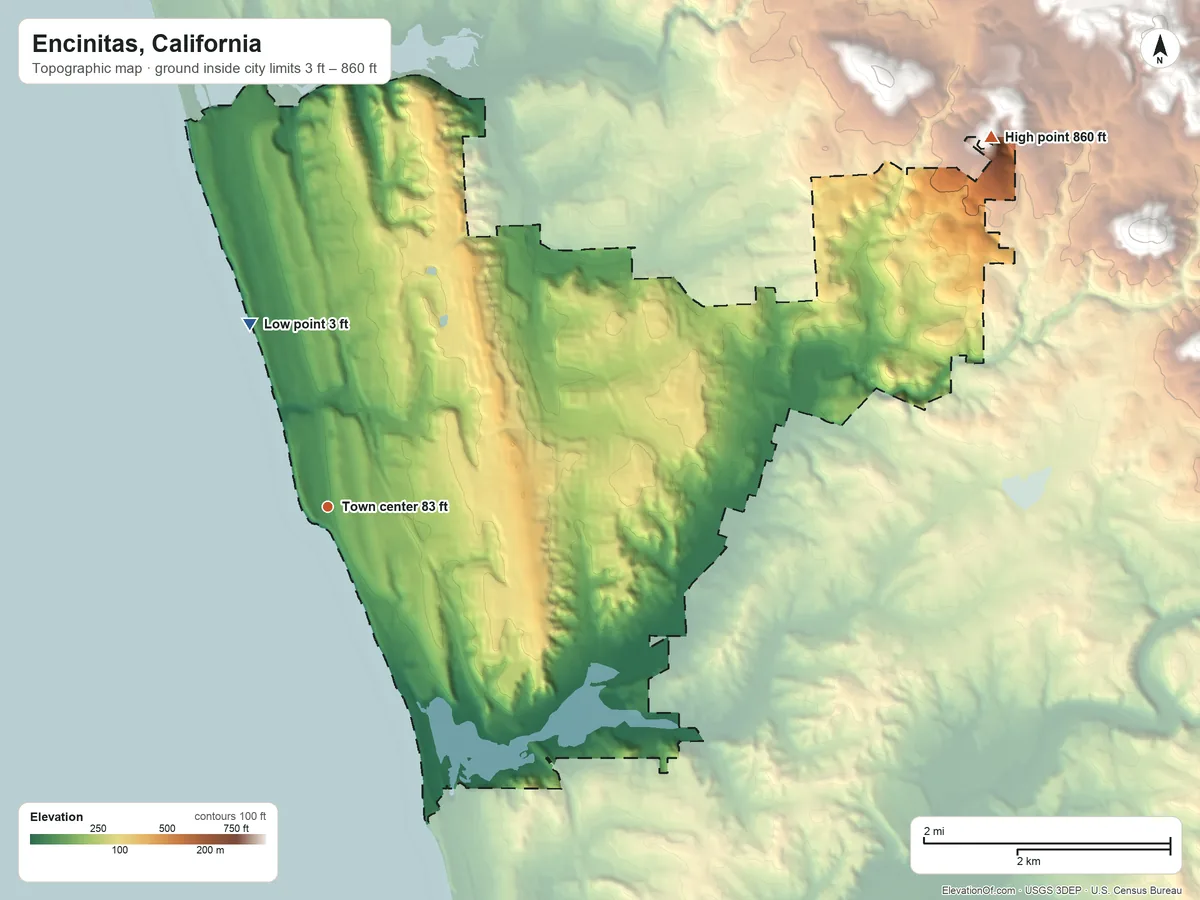 Topographic elevation map of Encinitas, California, shaded from 3 ft on the northwest side to 860 ft at the foot of the Buena Vista Hills