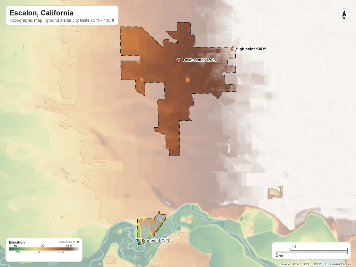 Topographic elevation map of Escalon, California, shaded from 75 ft on the south side to 130 ft on the east side