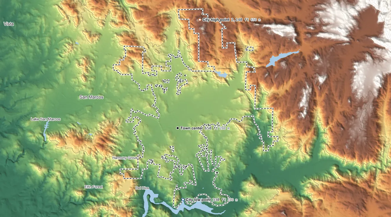 Topographic elevation map of Escondido, California, shaded from 330 ft on the south side to 2,135 ft on Burnt Mountain