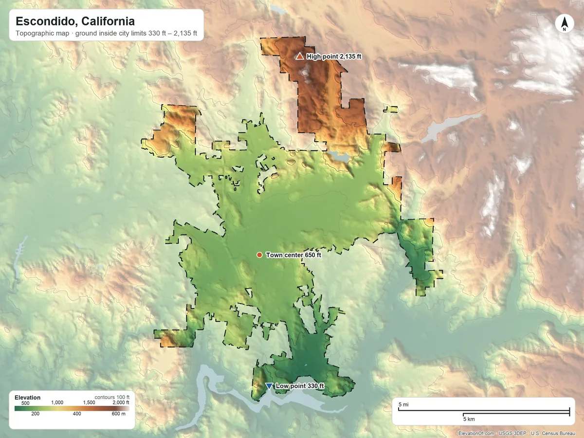 Topographic elevation map of Escondido, California, shaded from 330 ft on the south side to 2,135 ft on Burnt Mountain