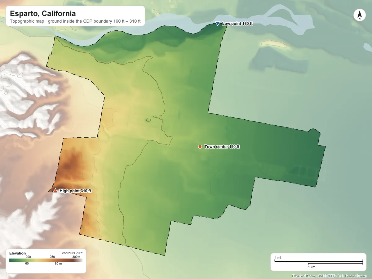 Topographic elevation map of Esparto, California, shaded from 160 ft on the north side to 310 ft on the west side