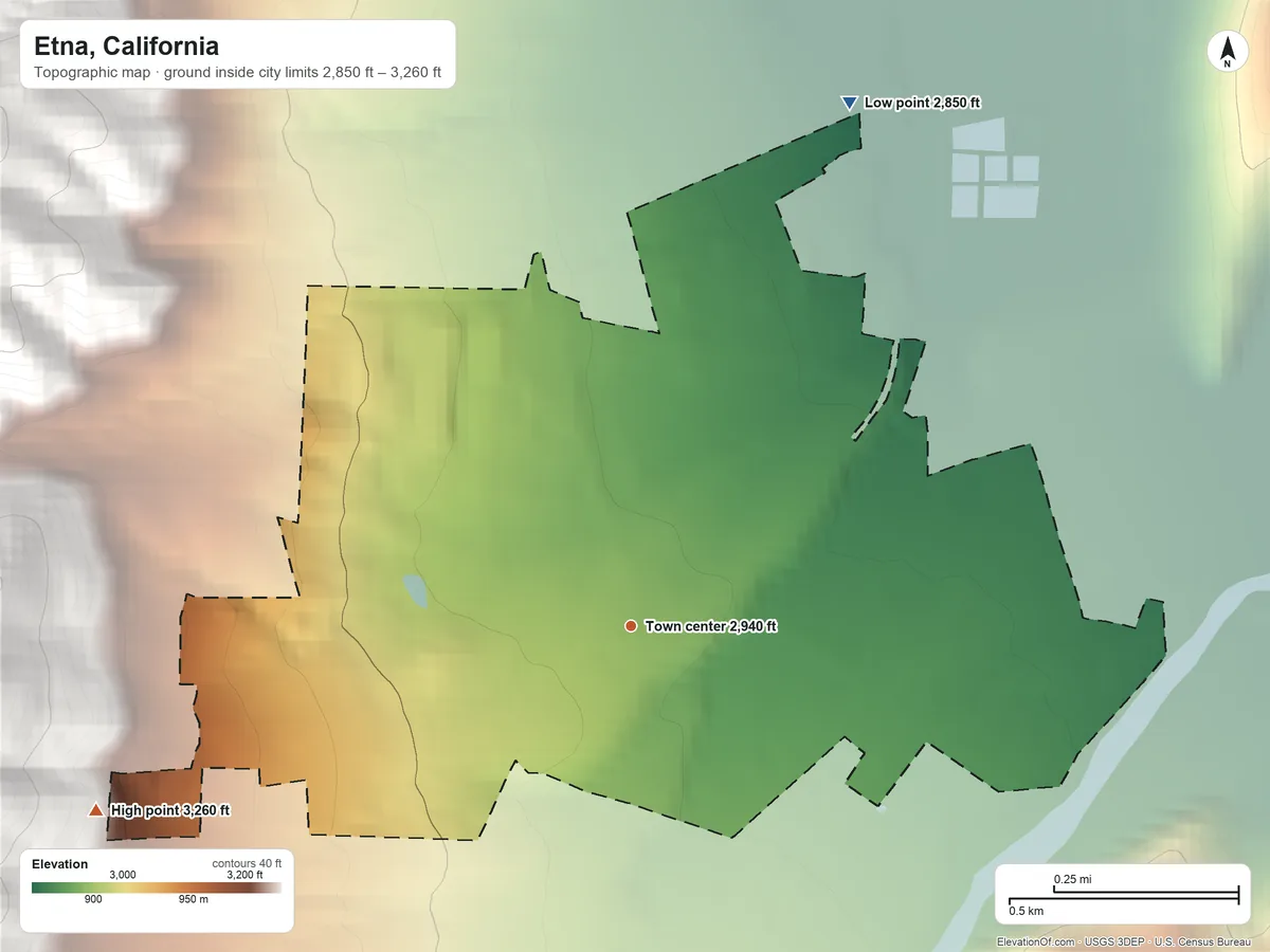 Topographic elevation map of Etna, California, shaded from 2,850 ft on the northeast side to 3,260 ft at the foot of the Mineral Range
