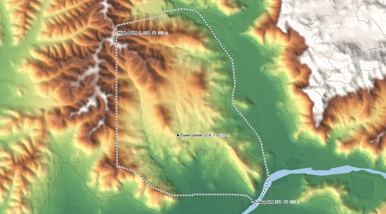 Topographic elevation map of Eucalyptus Hills, California, shaded from 370 ft on the southeast side to 1,190 ft on the northwest side