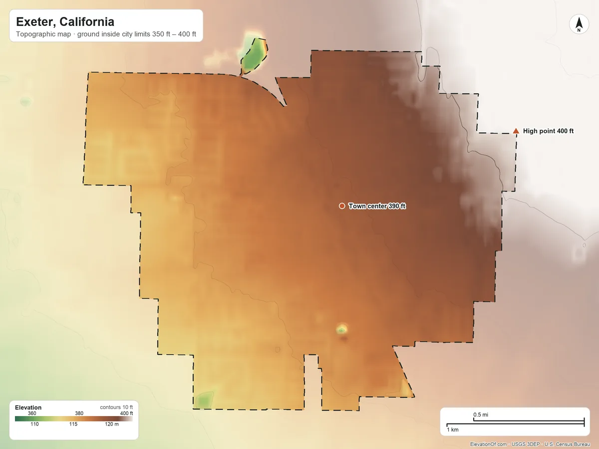 Topographic elevation map of Exeter, California, shaded from 350 ft on the southwest side to 400 ft at the foot of the Venice Hills
