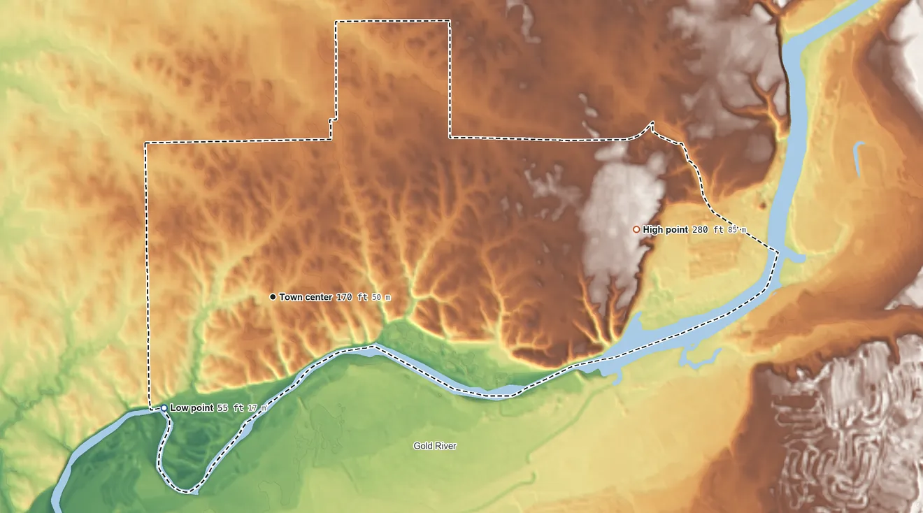 Topographic elevation map of Fair Oaks, California, shaded from 55 ft on the southwest side to 280 ft on the east side