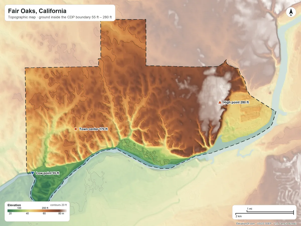 Topographic elevation map of Fair Oaks, California, shaded from 55 ft on the southwest side to 280 ft on the east side
