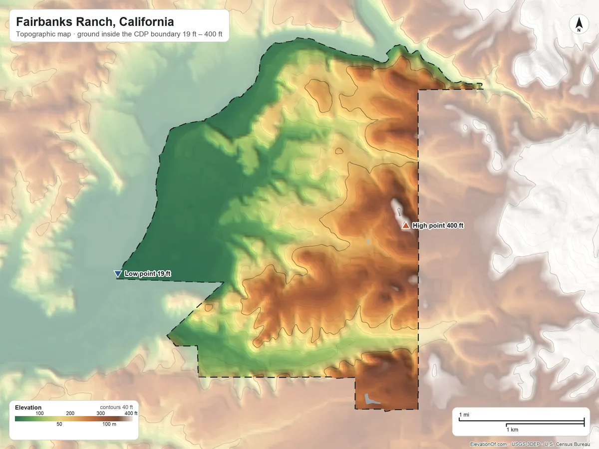 Topographic elevation map of Fairbanks Ranch, California, shaded from 19 ft on the west side to 400 ft on the southeast side