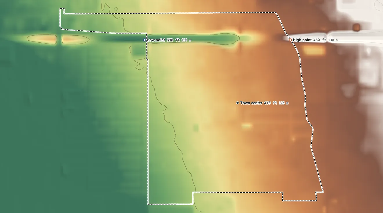 Topographic elevation map of Fairfax, Kern County, California, shaded from 390 ft on the northwest side to 430 ft on the northeast side