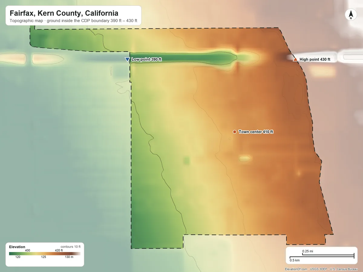 Topographic elevation map of Fairfax, Kern County, California, shaded from 390 ft on the northwest side to 430 ft on the northeast side