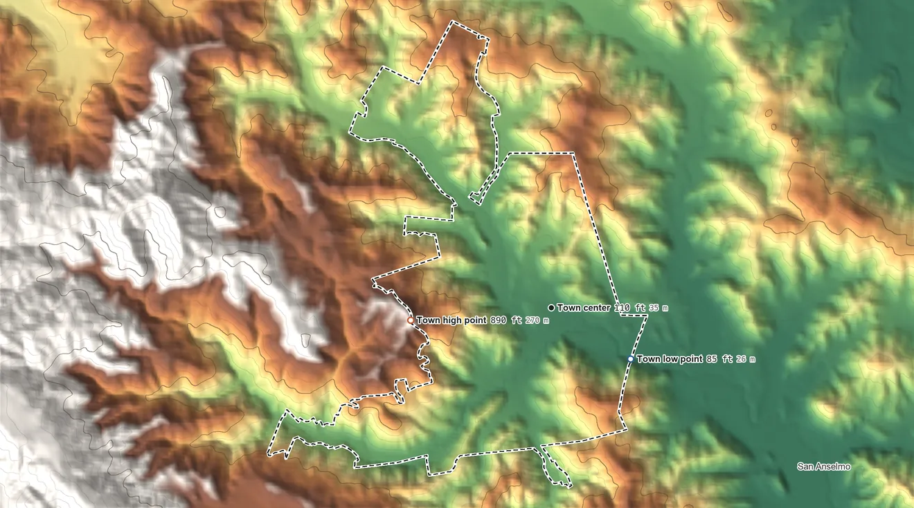 Topographic elevation map of Fairfax, California, shaded from 85 ft on the southeast side to 890 ft on the west edge, below higher ground just outside