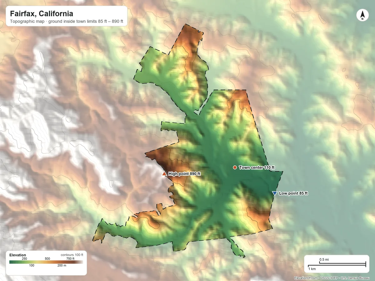 Topographic elevation map of Fairfax, California, shaded from 85 ft on the southeast side to 890 ft on the west edge, below higher ground just outside