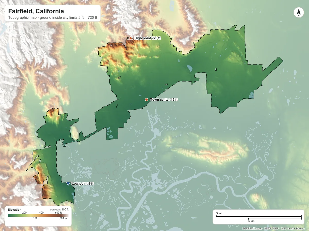 Topographic elevation map of Fairfield, California, shaded from 2 ft on the southwest side to 720 ft at the foot of the Vaca Mountains